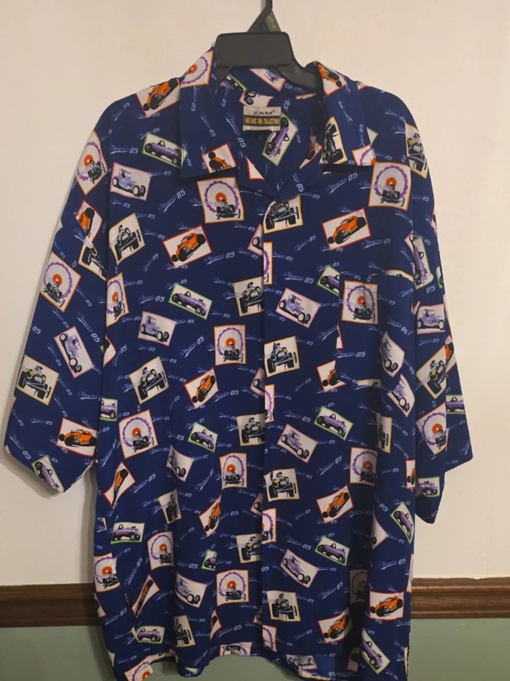 Vintage Zam Shirt Mens 3XL XXXL Blue Classic Antique Car Collection Button Up